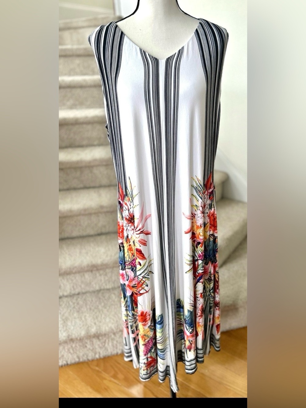 Chico's Black & White Stripe Tropical Floral Midi Dress, Size 3, (XL 16-18) - Picture 2 of 6